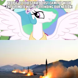 Size: 1080x1080 | Tagged: safe, derpibooru import, edit, edited screencap, screencap, princess celestia, magical mystery cure, caption, crown, icbm, irl, jewelry, meme, missile, nuclear weapon, oh no, photo, regalia, rocket, smiling, text, this will end in war, this will not end well, weapon