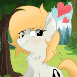 Size: 2500x2500 | Tagged: safe, artist:pizzamovies, derpibooru import, oc, oc:sophie hoofington, unofficial characters only, earth pony, pony, blushing, chest fluff, female, floating heart, heart, mare, smiling, solo, tree