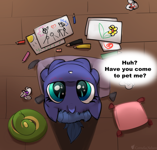 Size: 3000x2865 | Tagged: safe, artist:cornelia_nelson, derpibooru import, princess luna, pony, bronybait, colored pencils, commission, cushion, cute, dialogue, female, filly, filly luna, looking at you, looking up, looking up at you, lunabetes, sitting, solo, weapons-grade cute, woona, ych example, younger, your character here