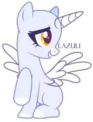 Size: 1486x1942 | Tagged: safe, artist:lazuli, derpibooru import, oc, unofficial characters only, alicorn, pony, alicorn oc, bald, base, colored hooves, eyelashes, horn, looking back, signature, simple background, solo, transparent background, wings