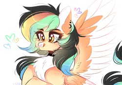Size: 5000x3500 | Tagged: safe, artist:lazuli, derpibooru import, oc, unofficial characters only, pegasus, pony, bust, chest fluff, choker, ear piercing, eyelashes, heart, licking, licking lips, pegasus oc, piercing, signature, solo, starry eyes, tongue out, two toned wings, wingding eyes, wings