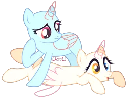 Size: 2612x1998 | Tagged: safe, artist:lazuli, derpibooru import, oc, unofficial characters only, alicorn, pony, alicorn oc, bald, base, duo, eyelashes, heterochromia, horn, looking down, lying down, raised hoof, signature, simple background, transparent background, wings, worried