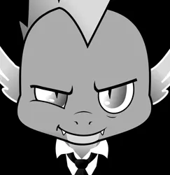 Size: 2413x2486 | Tagged: safe, artist:lluminus, derpibooru import, spike, black and white, clothes, fangs, grayscale, high res, looking at you, male, monochrome, necktie, smiling, smirk, smug, solo, suit