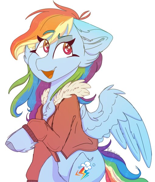 Size: 1740x2048 | Tagged: safe, artist:tizhonolulu, derpibooru import, rainbow dash, pegasus, pony, clothes, female, jacket, mare, open mouth, signature, simple background, smiling, solo, white background, wings