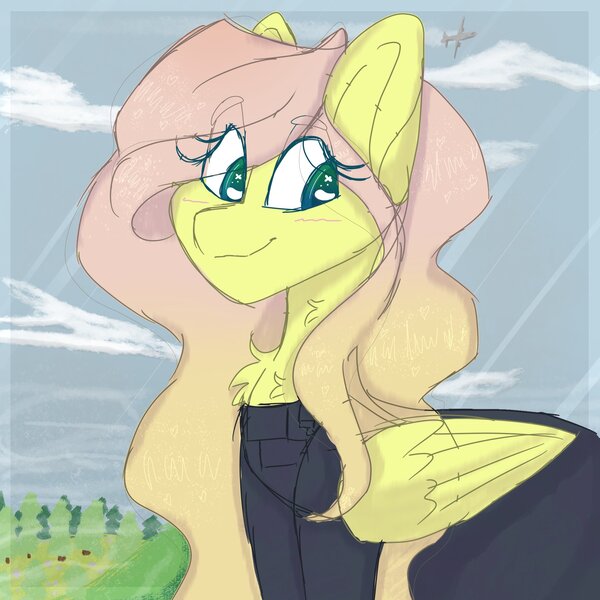 Size: 2048x2048 | Tagged: safe, artist:tizhonolulu, derpibooru import, fluttershy, pegasus, pony, blushing, chest fluff, clothes, eye clipping through hair, female, folded wings, looking away, looking down, mare, outdoors, plane, smiling, solo, three quarter view, wings