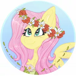 Size: 2048x2048 | Tagged: safe, artist:tizhonolulu, derpibooru import, fluttershy, pegasus, pony, blushing, bust, chest fluff, ear fluff, female, floral head wreath, flower, looking up, mare, portrait, simple background, solo, spread wings, white background, wings
