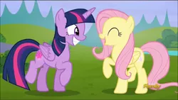 Size: 1136x640 | Tagged: safe, derpibooru import, screencap, fluttershy, twilight sparkle, twilight sparkle (alicorn), alicorn, pegasus, pony, the hooffields and mccolts, booty call, cute, discovery family logo, duo, duo female, female, glowing cutie mark, shyabetes, smiling, twiabetes, yay