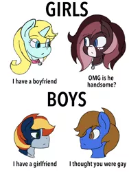 Size: 1536x2048 | Tagged: safe, artist:lefthighkick, derpibooru import, oc, oc:ekko key, oc:gamelink, oc:gamelink reviews, oc:lefthighkick, oc:lyrical touch, unofficial characters only, pony, boys vs girls, bust, collar, female, implied gay, implied straight, looking at each other, lyrikick, male, mare, meme, simple background, stallion, white background