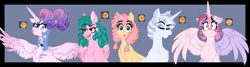 Size: 3867x1029 | Tagged: safe, artist:saphi-boo, derpibooru import, princess flurry heart, oc, oc:macaroni neufchatel, oc:midsummer moon, oc:mos ginseng muroid, oc:platinum ghast, alicorn, earth pony, pegasus, pony, unicorn, angry, armor, blue background, blushing, embarrassed, female, heterochromia, looking at you, male, mare, offspring, older, older flurry heart, parent:big macintosh, parent:cheese sandwich, parent:fancypants, parent:fleur-de-lis, parent:fluttershy, parent:pinkie pie, parent:pipsqueak, parent:princess luna, parents:cheesepie, parents:fancyfleur, parents:fluttermac, parents:lunapip, simple background, spread wings, stallion, tongue out, wings