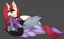 Size: 1196x747 | Tagged: safe, artist:meli_meliora, derpibooru import, oc, oc:rosiesquish, oc:violet nebula, unofficial characters only, alicorn, changeling, pony, alicorn oc, changeling oc, choker, horn, simple background, snuggling, tongue out, wings