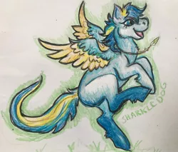 Size: 1440x1229 | Tagged: safe, artist:sharkledog, derpibooru import, oc, unofficial characters only, pegasus, pony, open mouth, pegasus oc, signature, solo, traditional art, two toned wings, wings