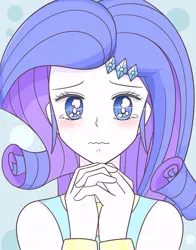 Size: 717x915 | Tagged: safe, artist:auntie_grub, derpibooru import, rarity, equestria girls, equestria girls series, blushing, bust, cute, female, hands together, looking at you, no pupils, pleading, raribetes, rarity peplum dress, solo, teary eyes