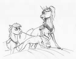 Size: 2000x1540 | Tagged: safe, artist:lady-limule, derpibooru import, oc, unofficial characters only, dog, pony, unicorn, female, horn, inktober 2017, leash, lineart, looking back, mare, monochrome, mouth hold, traditional art, unicorn oc