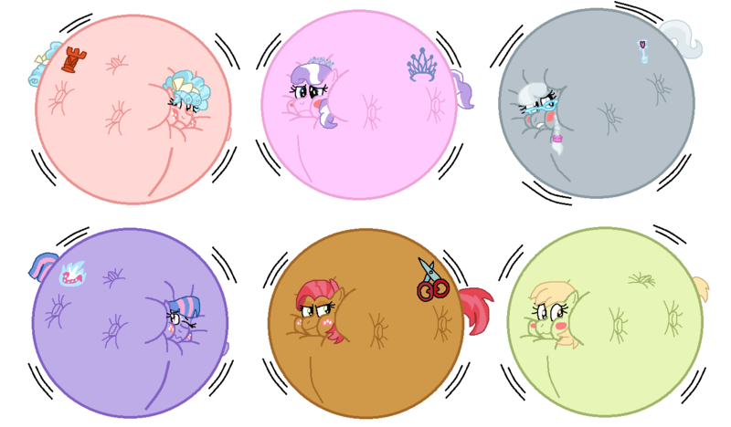 Size: 1388x812 | Tagged: artist:theinflater19, babs seed, blimp seed, blushing, body inflation, cozy glow, cream heart's sister, cutie mark, derpibooru import, diamond tiara, inflation, oc, oc:elena, puffy cheeks, questionable, silver spoon, wind sprint