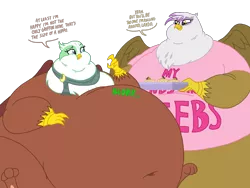 Size: 1024x768 | Tagged: suggestive, artist:jamesawilliams1996, artist:princebluemoon3, color edit, derpibooru import, edit, gilda, greta, gryphon, belly, belly button, big belly, bingo wings, chubby cheeks, clothes, colored, fat, feedee, food, gildough, huge belly, impossibly large belly, morbidly obese, obese, scarf, scone, shirt, simple background, stomach noise, transparent background, t-shirt, weight gain