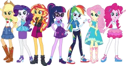 Size: 1901x996 | Tagged: safe, derpibooru import, official, applejack, fluttershy, pinkie pie, rainbow dash, rarity, sci-twi, sunset shimmer, twilight sparkle, equestria girls, equestria girls series, spoiler:eqg series (season 2), absurd resolution, boots, bowtie, bracelet, clothes, converse, dress, feet, female, freckles, geode of empathy, geode of fauna, geode of shielding, geode of sugar bombs, geode of super speed, geode of super strength, geode of telekinesis, glasses, hat, high heel boots, humane five, humane seven, humane six, jacket, jewelry, looking at you, magical geodes, official art, pants, pantyhose, pose, rarity peplum dress, shirt, shoes, simple background, skirt, sneakers, socks, transparent background