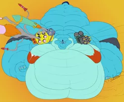 Size: 2431x2000 | Tagged: suggestive, artist:lesang, color edit, derpibooru import, edit, princess ember, dragon, belly, big belly, blob, butt, clothes, colored, double chin, dragoness, dragonlard ember, dual wield, fat, fat tail, female, gun, gunzerker, huge belly, huge butt, hyper, immobile, impossibly large belly, impossibly large butt, large butt, minigun, missile, missile launcher, morbidly obese, obese, orange background, simple background, solo, solo female, torn clothes, weapon
