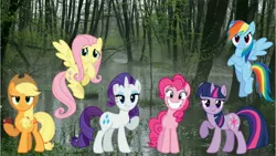 Size: 4096x2304 | Tagged: safe, artist:muj76, derpibooru import, applejack, fluttershy, pinkie pie, rainbow dash, rarity, twilight sparkle, earth pony, pegasus, unicorn, looking at you, mane six, swamp, unicorn twilight