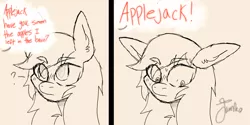 Size: 1200x600 | Tagged: safe, artist:junko, derpibooru import, applejack, earth pony, pony, alternate hairstyle, dialogue, female, floppy ears, funny, hatless, loose hair, mane down, mare, meme, missing accessory, nervous, nervous sweat, offscreen character, signature, sketch, solo, wip, yelling
