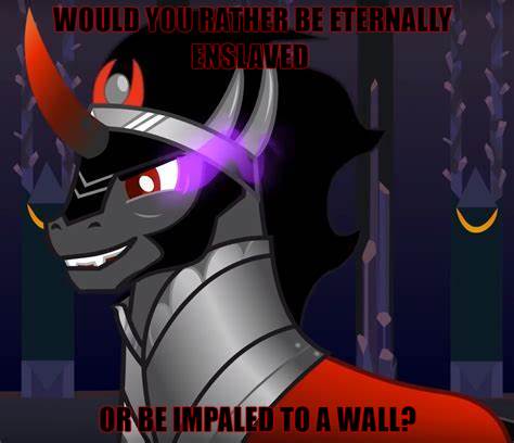 Size: 474x408 | Tagged: safe, derpibooru import, edit, king sombra, caption, cruel, cruel and unusual punishment, evil grin, grin, meme, oh god no, smiling, text, why