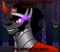 Size: 474x408 | Tagged: safe, derpibooru import, edit, king sombra, caption, cruel, cruel and unusual punishment, evil grin, grin, meme, oh god no, smiling, text, why