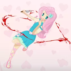 Size: 2000x2000 | Tagged: semi-grimdark, artist:grapefruitface1, derpibooru import, fluttershy, equestria girls, anime, anime style, base used, blood, blood splatter, clothes, dress, finger on mouth, heart, jumping, shhh, solo