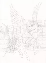 Size: 2418x3303 | Tagged: safe, artist:chasingthesilverstag, artist:lady-limule, derpibooru import, derpy hooves, pegasus, pony, collaboration, female, flying, lineart, mare, monochrome, solo, traditional art