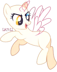 Size: 1825x2304 | Tagged: safe, artist:lazuli, derpibooru import, oc, unofficial characters only, alicorn, pony, alicorn oc, bald, base, eyelashes, flying, heterochromia, horn, looking back, open mouth, signature, simple background, solo, transparent background, wings