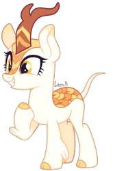 Size: 1521x2304 | Tagged: safe, artist:lazuli, derpibooru import, kirin oc, oc, unofficial characters only, kirin, bald, base, cloven hooves, eyelashes, grin, hoof on chest, horn, signature, simple background, smiling, solo, standing, three quarter view, transparent background