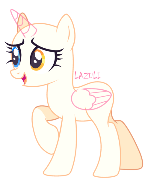 Size: 1896x2304 | Tagged: safe, artist:lazuli, derpibooru import, oc, unofficial characters only, alicorn, pony, alicorn oc, bald, base, eyelashes, heterochromia, horn, open mouth, raised hoof, signature, simple background, smiling, solo, transparent background, wings