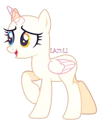 Size: 1896x2304 | Tagged: safe, artist:lazuli, derpibooru import, oc, unofficial characters only, alicorn, pony, alicorn oc, bald, base, eyelashes, heterochromia, horn, open mouth, raised hoof, signature, simple background, smiling, solo, transparent background, wings