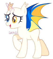 Size: 2086x2304 | Tagged: safe, artist:lazuli, derpibooru import, oc, unofficial characters only, alicorn, bat pony, bat pony alicorn, pony, alicorn oc, bald, base, bat pony oc, bat wings, eyelashes, heterochromia, horn, open mouth, raised hoof, signature, simple background, smiling, solo, transparent background, wings