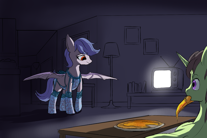 Size: 1500x1000 | Tagged: safe, anonymous artist, derpibooru import, oc, oc:anon, oc:anon stallion, oc:nocturnal pike, unofficial characters only, bat pony, pony, unicorn, fanfic:the long and short of it, /mlp/, 4chan, apron, clothes, dark room, female, filly, food, image, pizza, png, reversed gender roles equestria, reversed gender roles equestria general, spread wings, television, wings