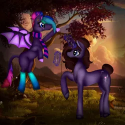 Size: 1080x1080 | Tagged: safe, artist:rxndxm.artist, derpibooru import, oc, unofficial characters only, bat pony, pony, unicorn, bat pony oc, bat wings, clothes, duo, glowing horn, horn, magic, outdoors, raised hoof, socks, sunset, telekinesis, tree, unicorn oc, wings