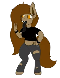 Size: 1668x2150 | Tagged: safe, artist:yannerino, derpibooru import, oc, oc:yan, unofficial characters only, anthro, bat pony, anthro oc, black tongue, bracelet, clothes, devil horn (gesture), fangs, female, jewelry, long tongue, midriff, pants, piercing, ripped pants, shirt, short shirt, simple background, solo, tongue out, tongue piercing, torn clothes, transparent background