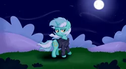 Size: 7559x4157 | Tagged: safe, artist:background basset, derpibooru import, lyra heartstrings, pony, unicorn, fanfic:background pony, bush, clothes, dig the swell hoodie, female, hoodie, mare, moon, night, solo, tired, wind