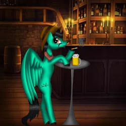 Size: 1080x1080 | Tagged: safe, artist:rxndxm.artist, derpibooru import, oc, unofficial characters only, pegasus, pony, alcohol, bar, beer, bipedal, cigarette, facial hair, hat, hoof hold, indoors, male, moustache, pegasus oc, smiling, smoking, solo, stallion, wings