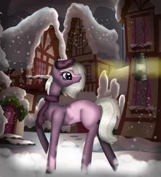 Size: 1080x1186 | Tagged: safe, artist:rxndxm.artist, derpibooru import, oc, unofficial characters only, earth pony, pony, beret, building, clothes, earth pony oc, hat, lantern, looking back, night, outdoors, raised hoof, scarf, snow, snowfall, solo