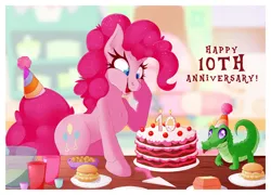 Size: 1280x920 | Tagged: safe, artist:thotdog, derpibooru import, gummy, pinkie pie, alligator, pony, birthday candles, burger, cake, candle, female, food, happy birthday mlp:fim, hat, hay burger, mare, mlp fim's tenth anniversary, open mouth, party hat, smiling