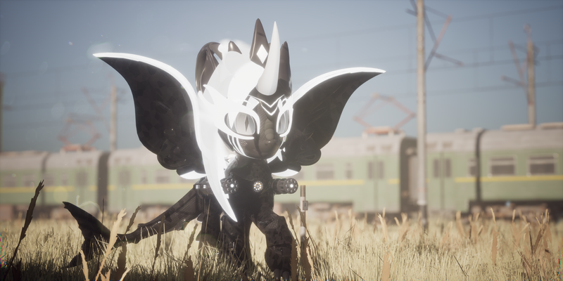 Size: 3840x1920 | Tagged: safe, artist:phoenixtm, derpibooru import, oc, oc:phoenix stardash, alien, cyborg, original species, 3d, ceikraill, lens flare, looking at camera, spread wings, train, trainyard, unreal engine, wings