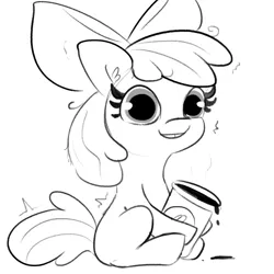 Size: 3000x3000 | Tagged: safe, artist:tjpones, derpibooru import, apple bloom, earth pony, pony, black and white, caffeine, coffee, coffee cup, cup, dilated pupils, female, filly, grayscale, monochrome, simple background, sitting, solo, this will end in tree sap, white background, xk-class end-of-the-world scenario