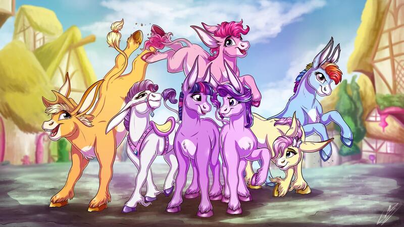 Size: 1920x1080 | Tagged: absurd resolution, alternate universe, applejack, artist:lupiarts, bridle, cute, derpibooru import, digital art, donkey, fluttershy, group, group photo, group shot, jumping, kicking, leonine tail, long ears, mane six, my little donkey, pinkie pie, ponyville, rainbow dash, rarity, saddle, safe, short hair, species swap, starlight glimmer, tack, tooth gap, twilight sparkle