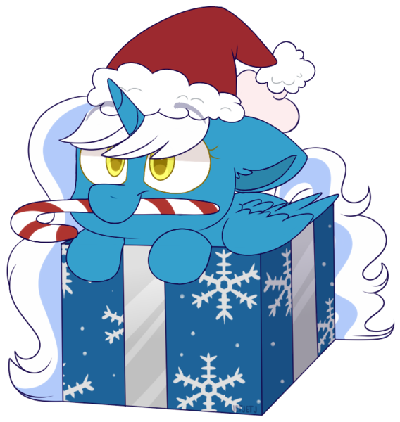 Size: 709x749 | Tagged: safe, artist:jetjetj, derpibooru import, part of a set, oc, oc:fleurbelle, alicorn, pony, candy, candy cane, christmas, commission, female, food, hat, holiday, mare, present, santa hat, simple background, solo, transparent background, ych result