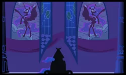 Size: 1012x603 | Tagged: alicorn, artist:spokenmind93, banner, castle, comic:past sins, derpibooru import, nightmare moon, oc, oc:nyx, pillar, rearing, safe, stained glass, stained glass window, throne, throne room, window pane