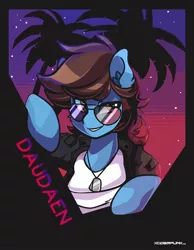 Size: 1280x1650 | Tagged: safe, artist:ciderpunk, derpibooru import, oc, oc:daudaen, commission, retro, retrowave, synthwave