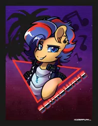 Size: 1280x1631 | Tagged: safe, alternate version, artist:ciderpunk, derpibooru import, oc, oc:soundwave, commission, retro, retrowave, synthwave