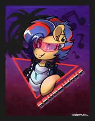 Size: 2590x3300 | Tagged: safe, alternate version, artist:ciderpunk, derpibooru import, oc, oc:soundwave, commission, retro, retrowave, synthwave