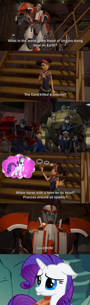 Size: 2000x6748 | Tagged: safe, derpibooru import, edit, edited screencap, screencap, rarity, human, pony, unicorn, a dog and pony show, sweet and elite, arcee, autobot, bulkhead, caption, comic, confused, cybertronian, female, harness, image macro, jack darby, jewelry, male, mare, miko nakadai, optimus prime, pouting, raf esquivel, ratchet, sad, screencap comic, stare, tack, teary eyes, text, thought bubble, tiara, transformers, transformers prime, unicorn-unicron confusion, unicron