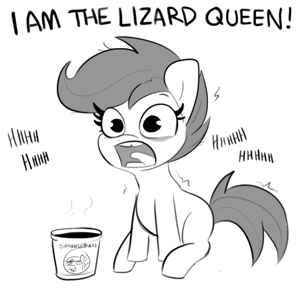 Size: 3000x3000 | Tagged: safe, artist:tjpones, derpibooru import, scootaloo, pegasus, pony, sparkles! the wonder horse!, caffeine, coffee, dialogue, female, filly, grayscale, i am the lizard queen, jim morrison, lisa simpson, mare, missing wing, monochrome, open mouth, reference, simple background, simpsons did it, sitting, sketch, solo, starbucks, the doors, the simpsons, this will end in tree sap, tooth gap, white background, wide eyes, wingless, xk-class end-of-the-world scenario