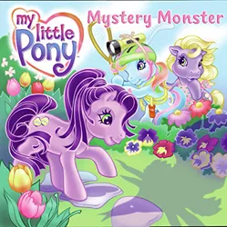 Size: 497x500 | Tagged: safe, artist:lyn fletcher, derpibooru import, daisyjo, kimono, rainbow dash (g3), pony, book, cover, cryptid, g3, garden, head torch, investigation, monster hunt, mystery monster, net, rainbow dash always dresses in style, shadow, torch, trio